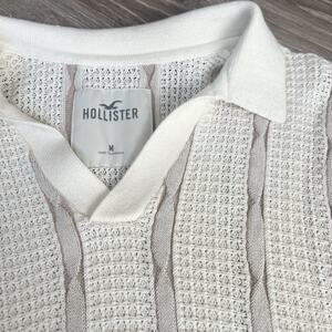 Hollister Mens Sz M Cream White Crochet Polo Knit Shirt Vtg Y2K Fitted Stretchy